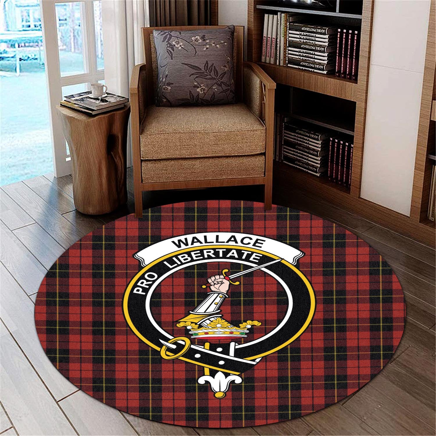 wallace-tartan-round-rug-with-family-crest