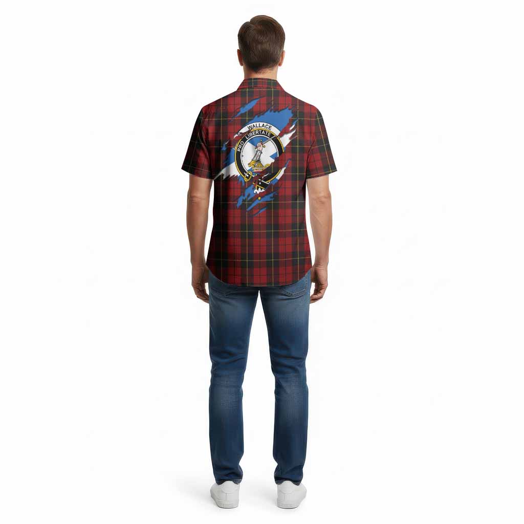 Wallace Clan Crest In Me Tartan Cotton Hawaiian Shirt Scotland Flag Style
