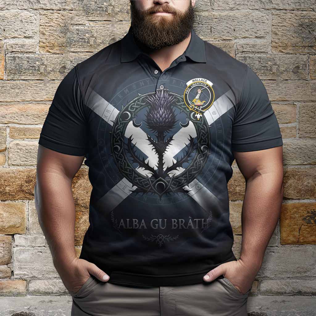 Wallace Clan Crest Polo Shirt with Celtic Knot Thistle and Saltire