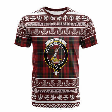 Wallace Clan Tartan Christmas Cotton T-shirt with Family Crest