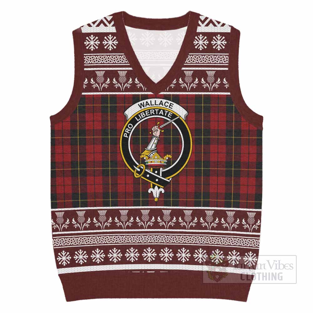 Wallace Clan Tartan Christmas Knitted V-Neck Vest with Family Crest - Tartan Vibes Clothing