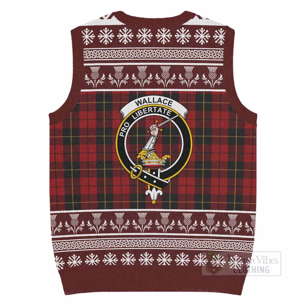 Wallace Clan Tartan Christmas Knitted V-Neck Vest with Family Crest - Tartan Vibes Clothing