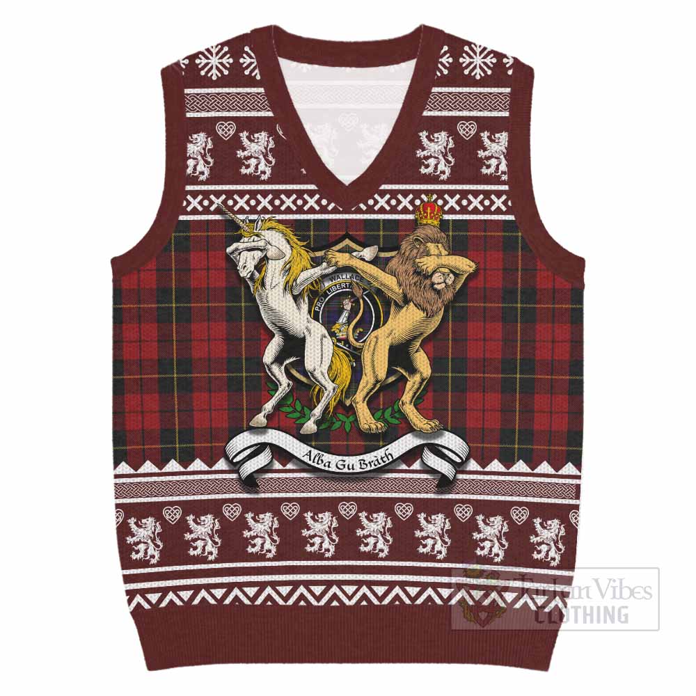 Wallace Clan Tartan Crest Christmas Knitted V-Neck Vest Coat of Arms Funny Style - Tartan Vibes Clothing
