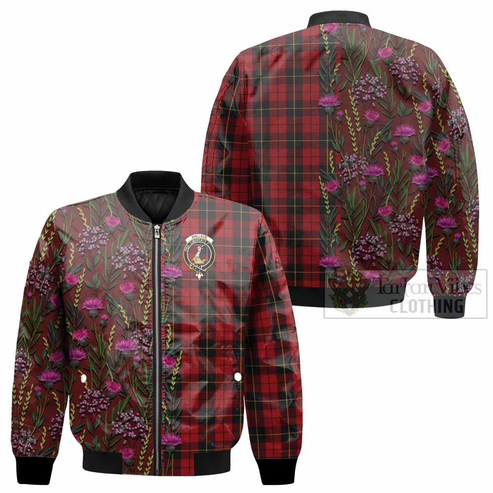 Wallace Family Crest Tartan Bomber Jacket Scottish Thistle Flower Pattern Half Style - Tartan Vibes Clothing