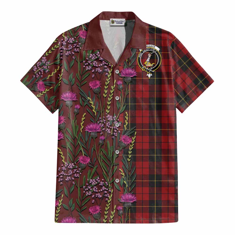 Wallace Family Crest Tartan Cotton Hawaiian Shirt Scottish Thistle Flower Pattern Half Style - Tartan Vibes Clothing