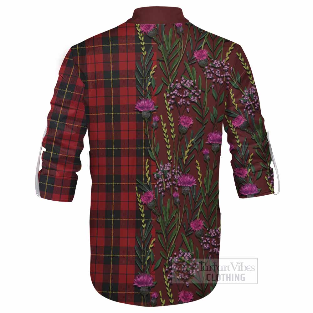 Wallace Family Crest Tartan Ghillie Shirt Scottish Thistle Flower Pattern Half Style - Tartan Vibes Clothing