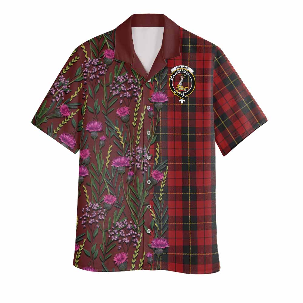 Wallace Family Crest Tartan Hawaiian Shirt Scottish Thistle Flower Pattern Half Style - Tartan Vibes Clothing