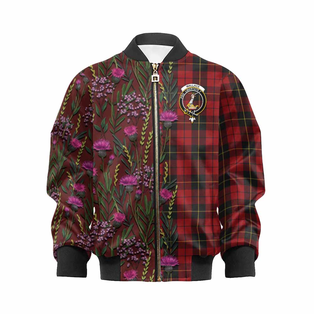 Wallace Family Crest Tartan Kid Bomber Jacket Scottish Thistle Flower Pattern Half Style - Tartan Vibes Clothing