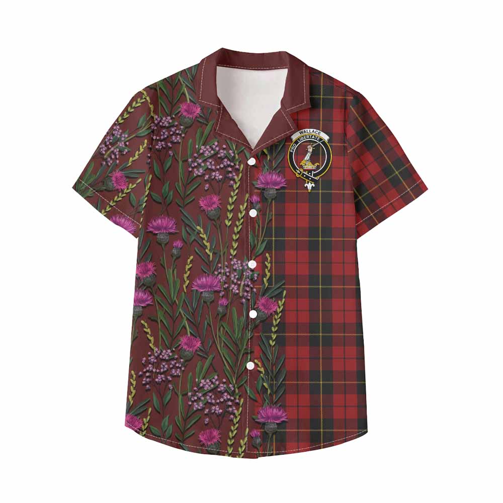Wallace Family Crest Tartan Kid Hawaiian Shirt Scottish Thistle Flower Pattern Half Style - Tartan Vibes Clothing