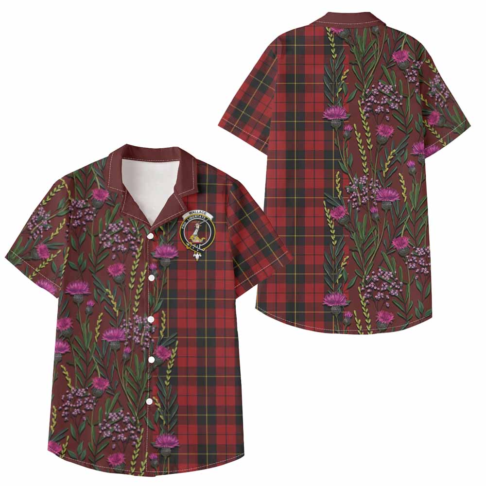Wallace Family Crest Tartan Kid Hawaiian Shirt Scottish Thistle Flower Pattern Half Style - Tartan Vibes Clothing