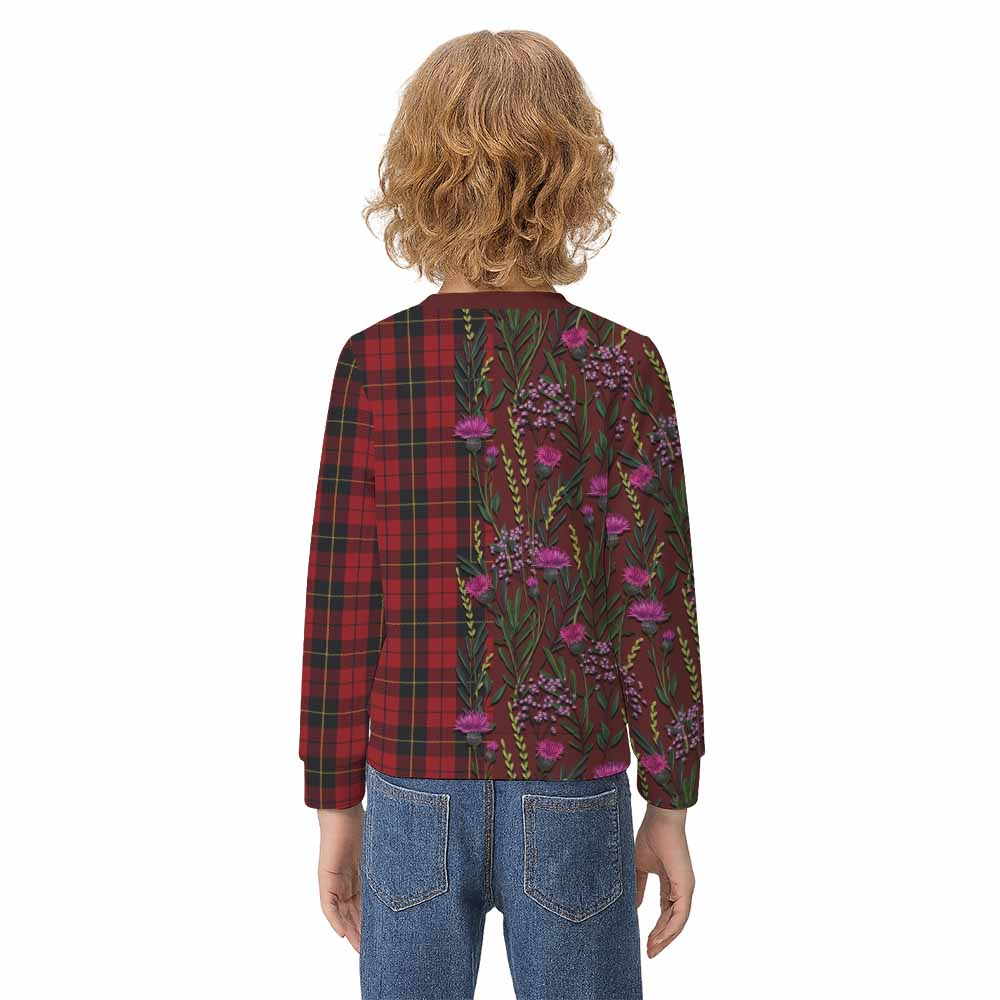 Wallace Family Crest Tartan Kid Knitted Sweatshirt Scottish Thistle Flower Pattern Half Style - Tartan Vibes Clothing