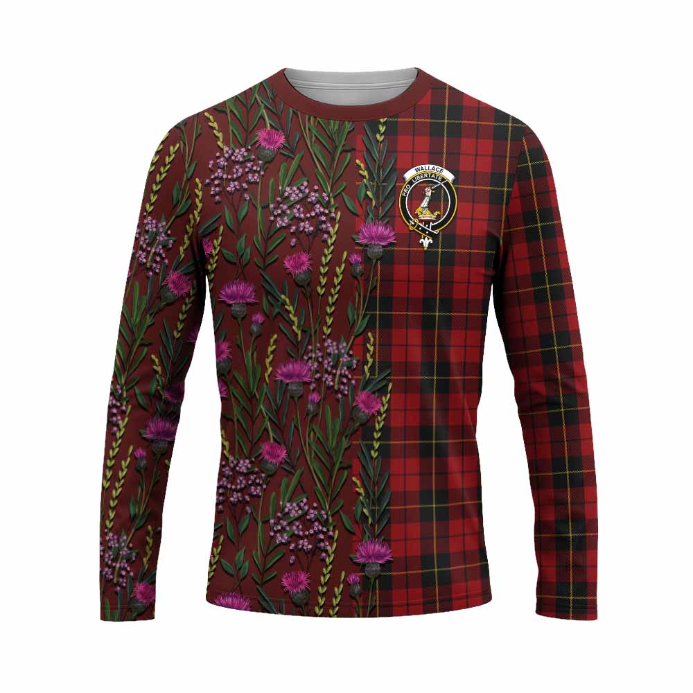 Wallace Family Crest Tartan Long Sleeve T-Shirt Scottish Thistle Flower Pattern Half Style - Tartan Vibes Clothing