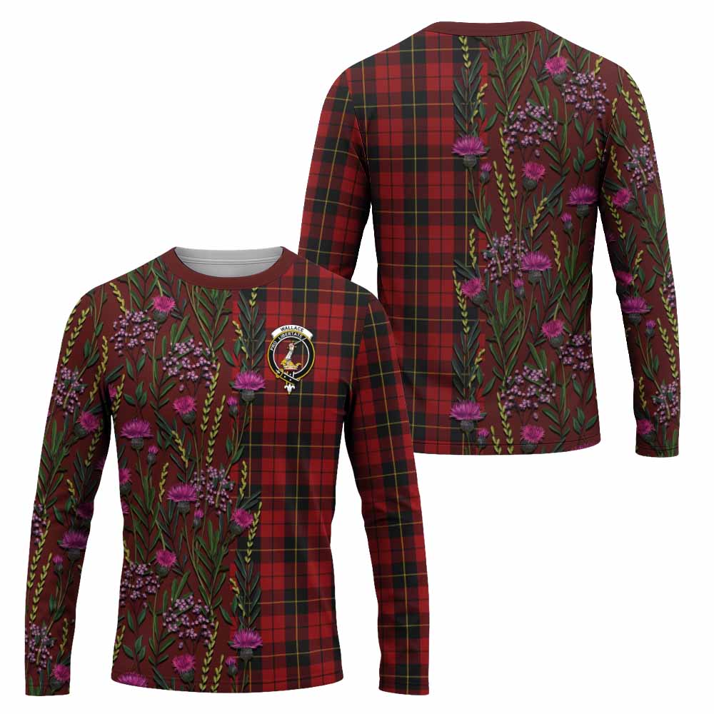 Wallace Family Crest Tartan Long Sleeve T-Shirt Scottish Thistle Flower Pattern Half Style - Tartan Vibes Clothing