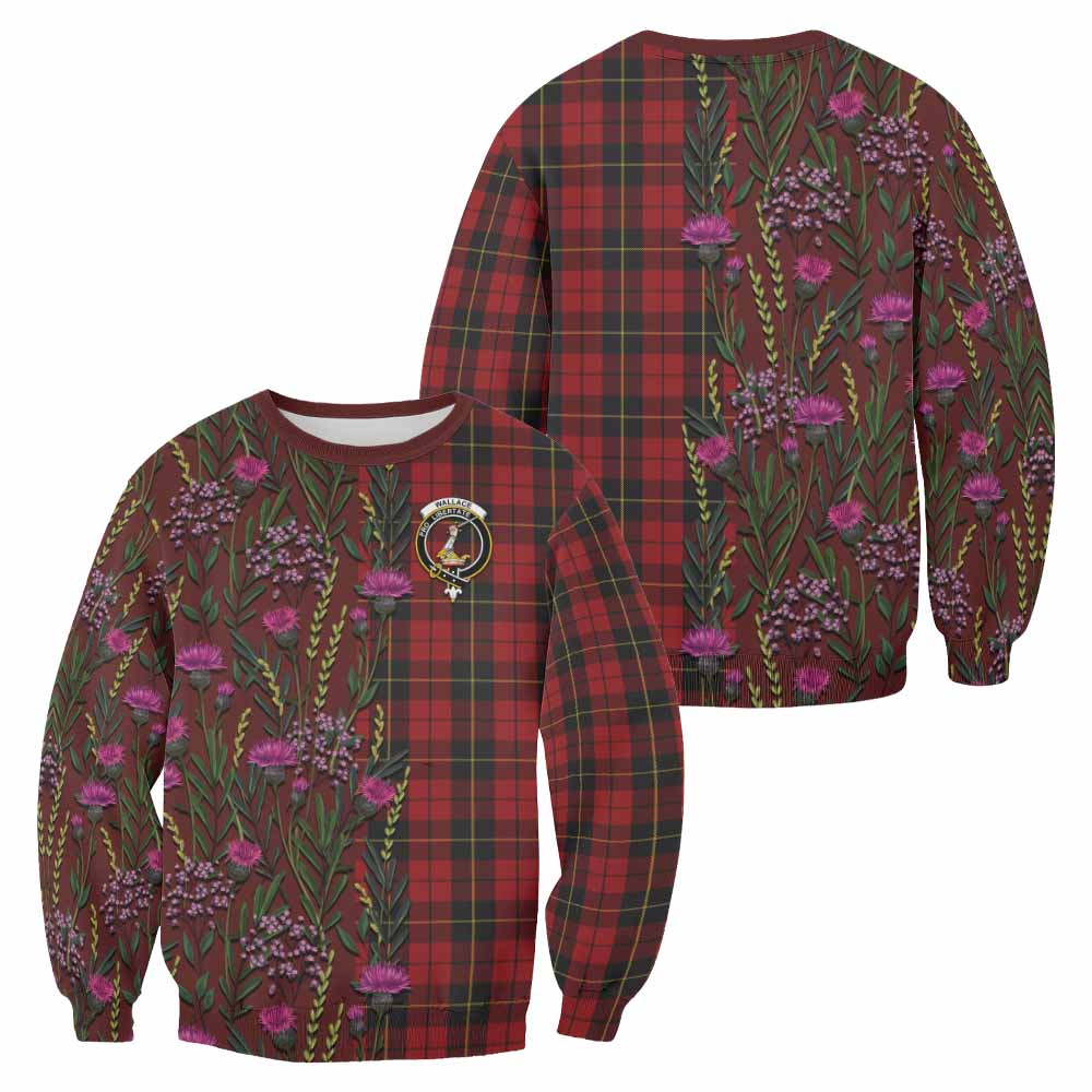 Wallace Family Crest Tartan Sweatshirt Scottish Thistle Flower Pattern Half Style - Tartan Vibes Clothing