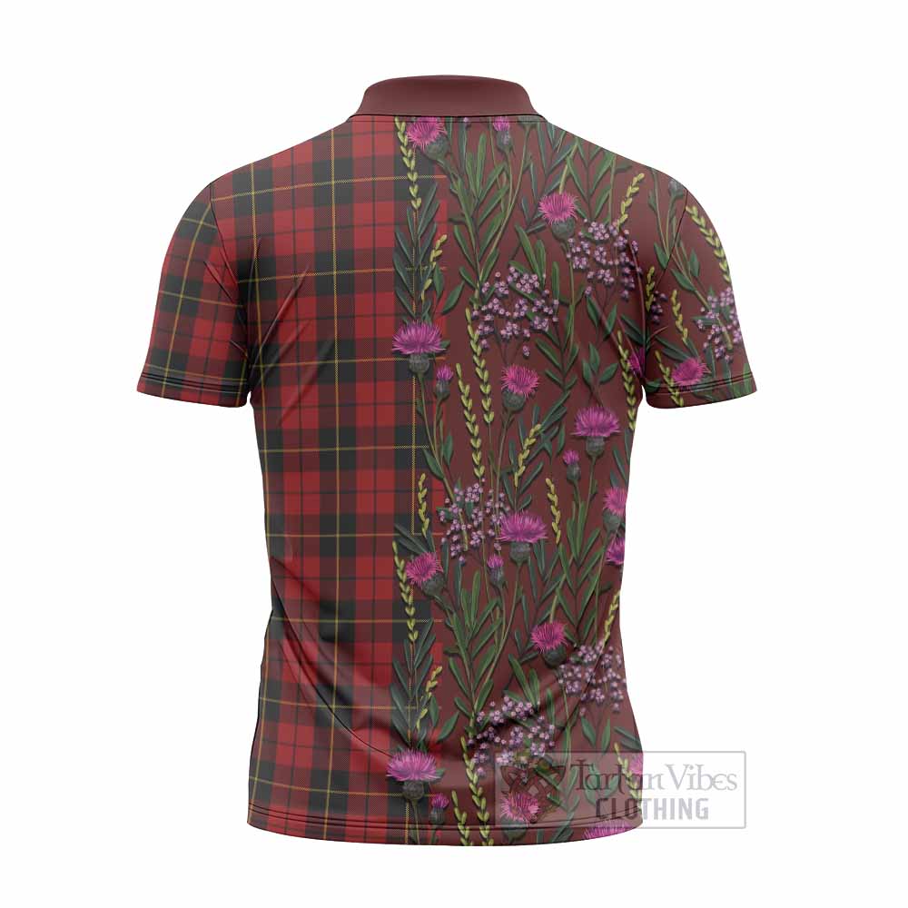 Wallace Family Crest Tartan Zipper Polo Shirt Scottish Thistle Flower Pattern Half Style - Tartan Vibes Clothing