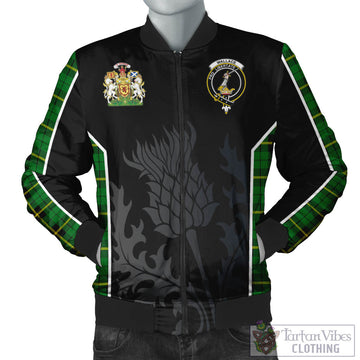Wallace Hunting Green Tartan Bomber Jacket with Family Crest and Scottish Thistle Vibes Sport Style