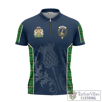 Wallace Hunting Green Tartan Zipper Polo Shirt with Family Crest and Scottish Thistle Vibes Sport Style