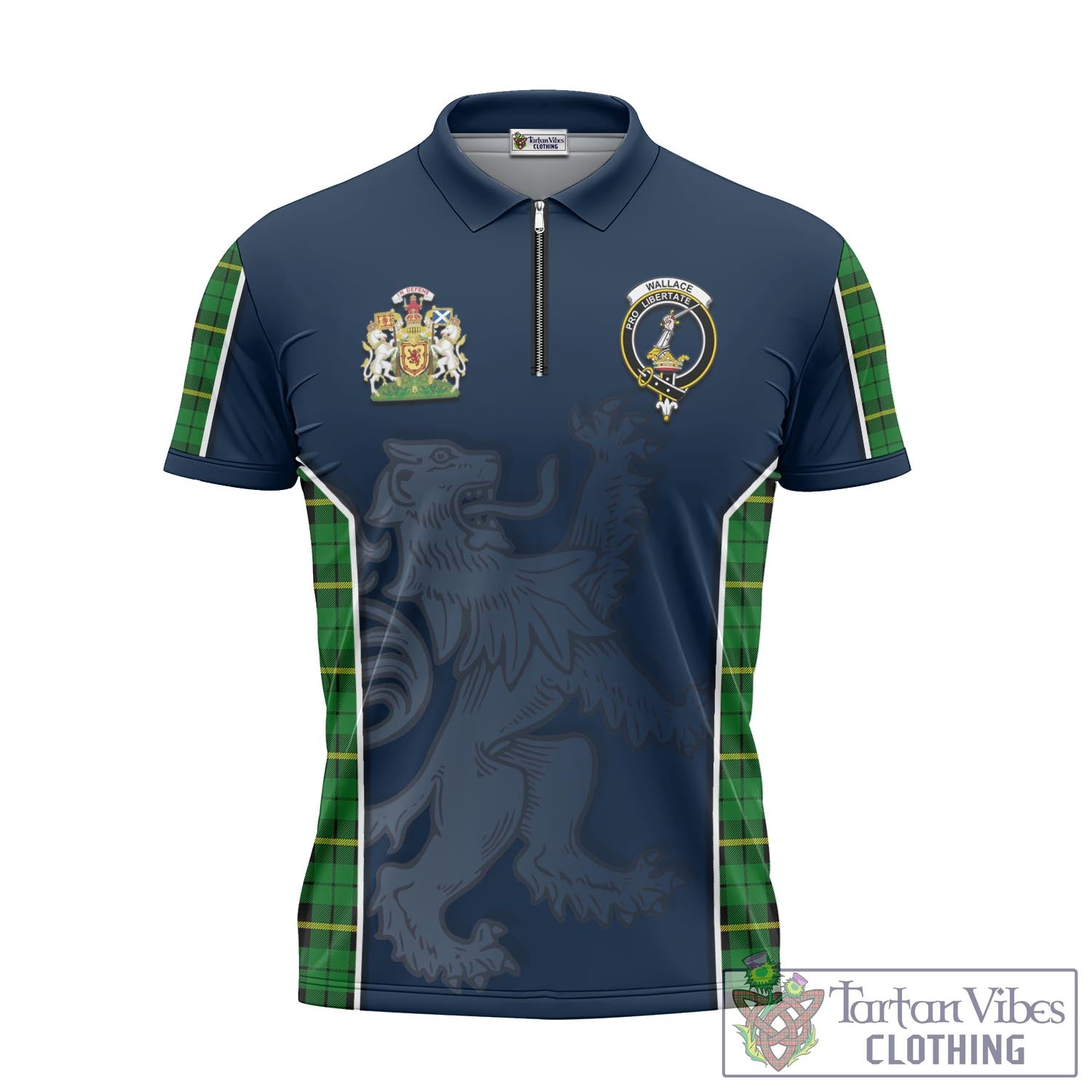 Tartan Vibes Clothing Wallace Hunting Green Tartan Zipper Polo Shirt with Family Crest and Lion Rampant Vibes Sport Style