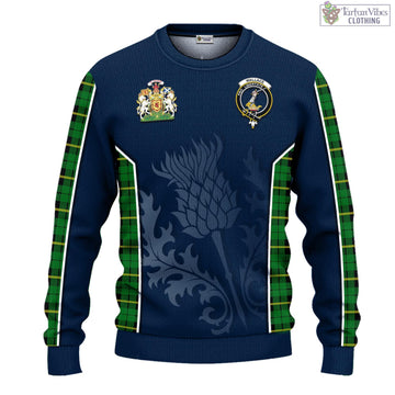 Wallace Hunting Green Tartan Knitted Sweatshirt with Family Crest and Scottish Thistle Vibes Sport Style