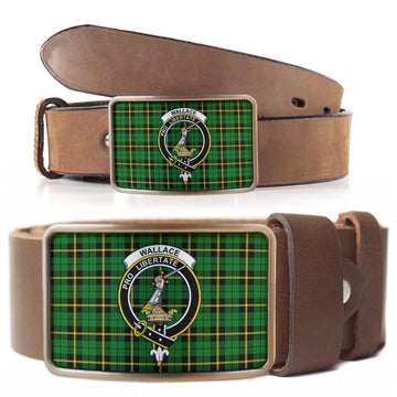 Wallace Hunting Green Tartan Belt Buckles with Family Crest