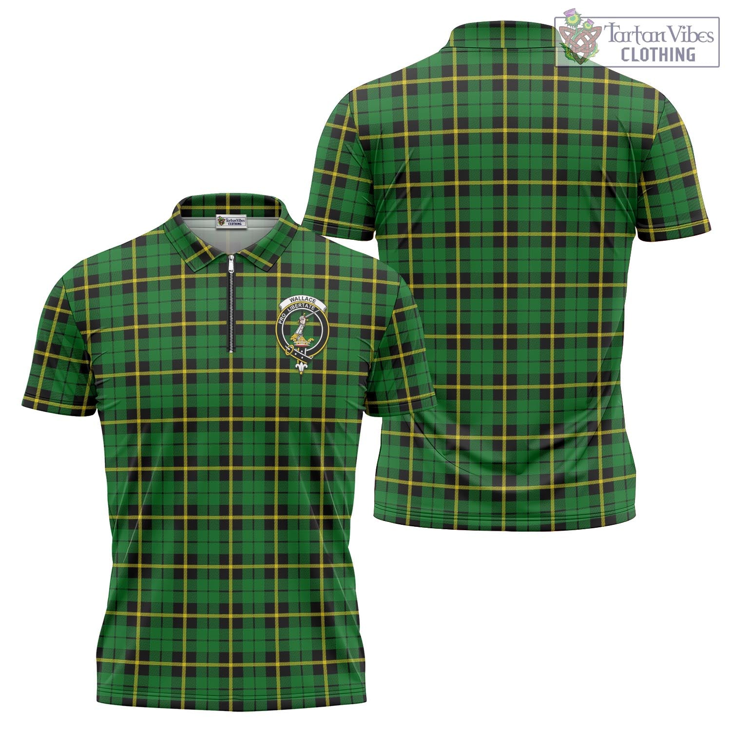 Tartan Vibes Clothing Wallace Hunting Green Tartan Zipper Polo Shirt with Family Crest