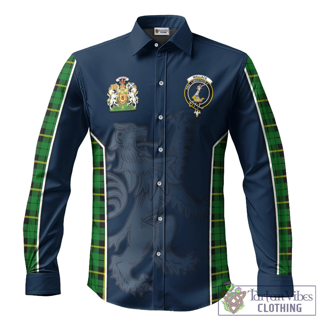 Wallace Hunting Green Tartan Long Sleeve Button Up Shirt with Family Crest and Lion Rampant Vibes Sport Style