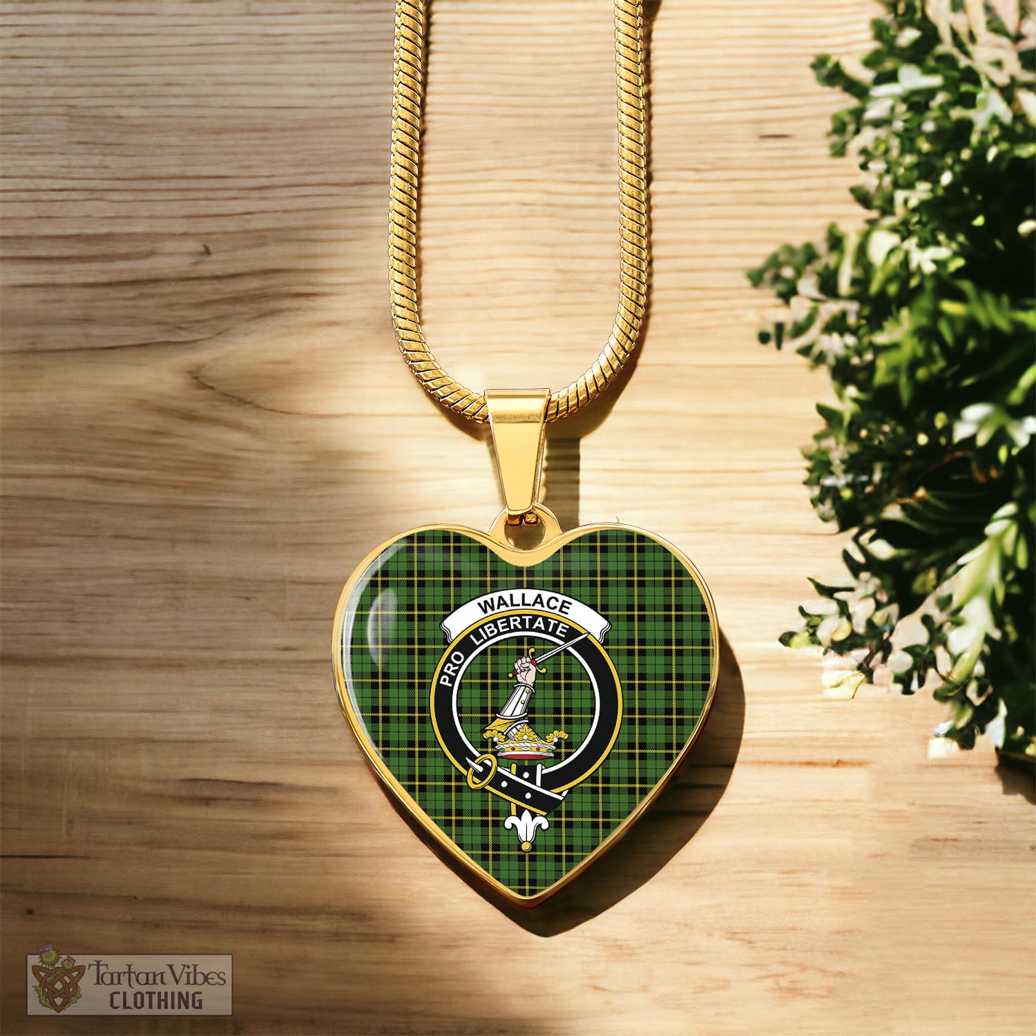 Tartan Vibes Clothing Wallace Hunting Green Tartan Heart Necklace with Family Crest
