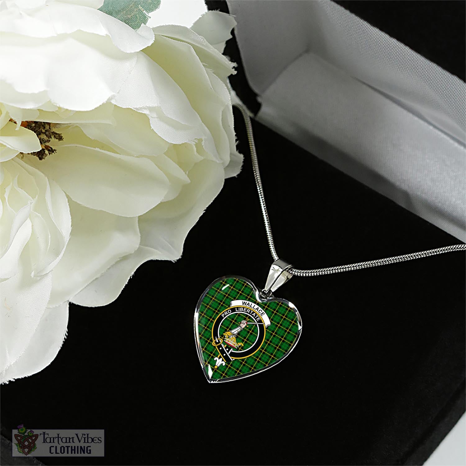 Tartan Vibes Clothing Wallace Hunting Green Tartan Heart Necklace with Family Crest