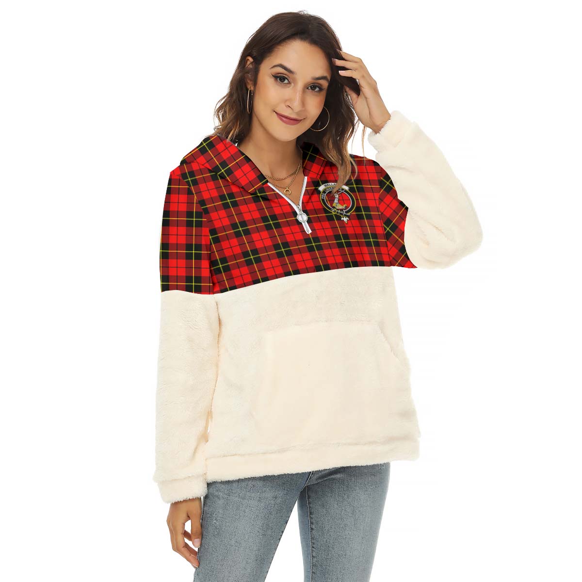 wallace-hunting-red-tartan-womens-borg-fleece-hoodie-with-half-zip-with-family-crest