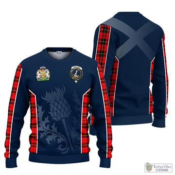 Wallace Hunting Red Tartan Knitted Sweatshirt with Family Crest and Scottish Thistle Vibes Sport Style