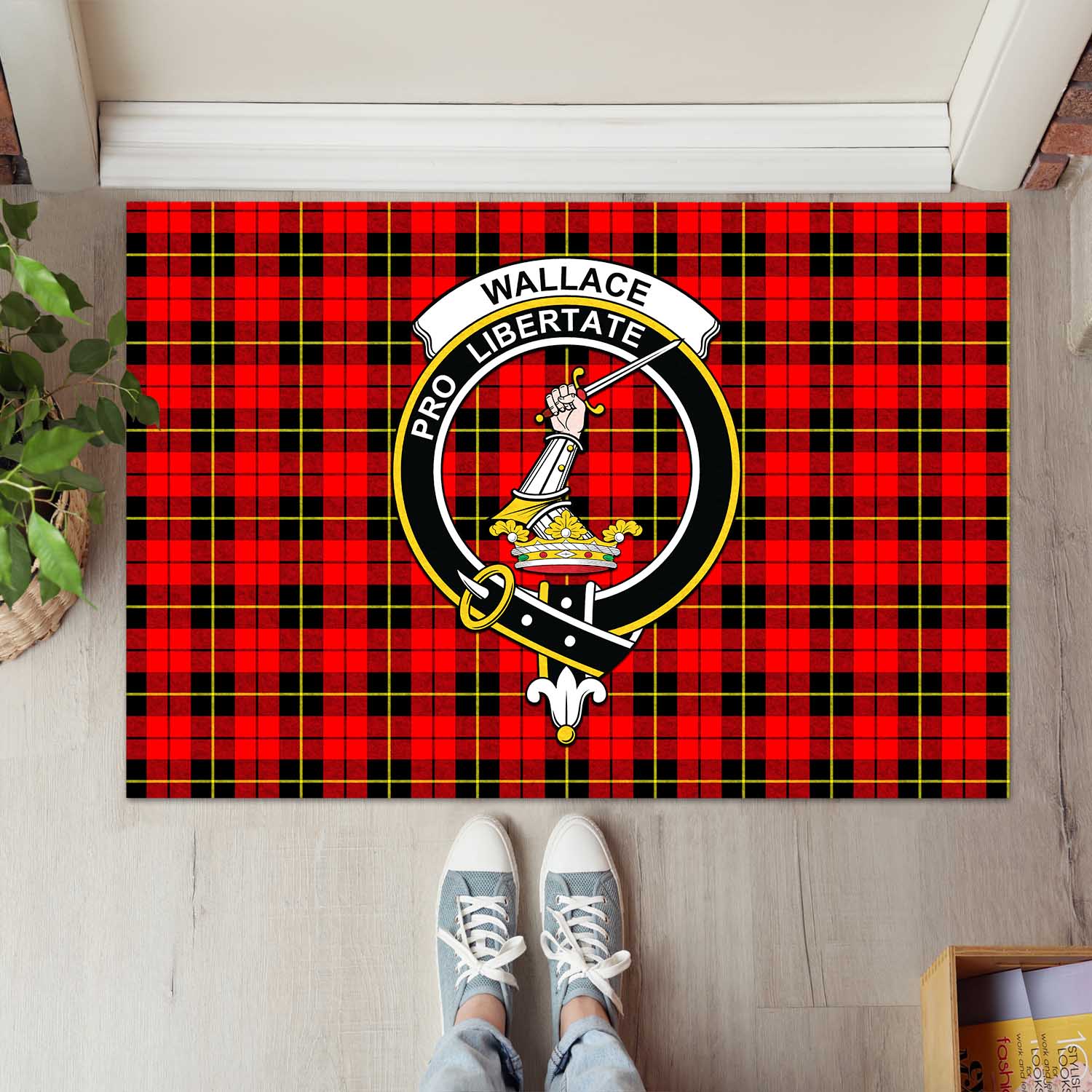 Wallace Hunting Red Tartan Door Mat with Family Crest - Tartanvibesclothing Shop