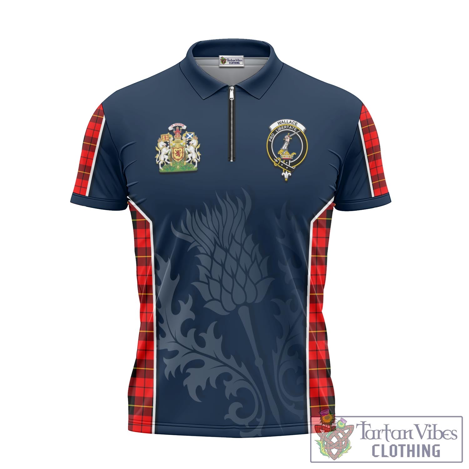 Tartan Vibes Clothing Wallace Hunting Red Tartan Zipper Polo Shirt with Family Crest and Scottish Thistle Vibes Sport Style