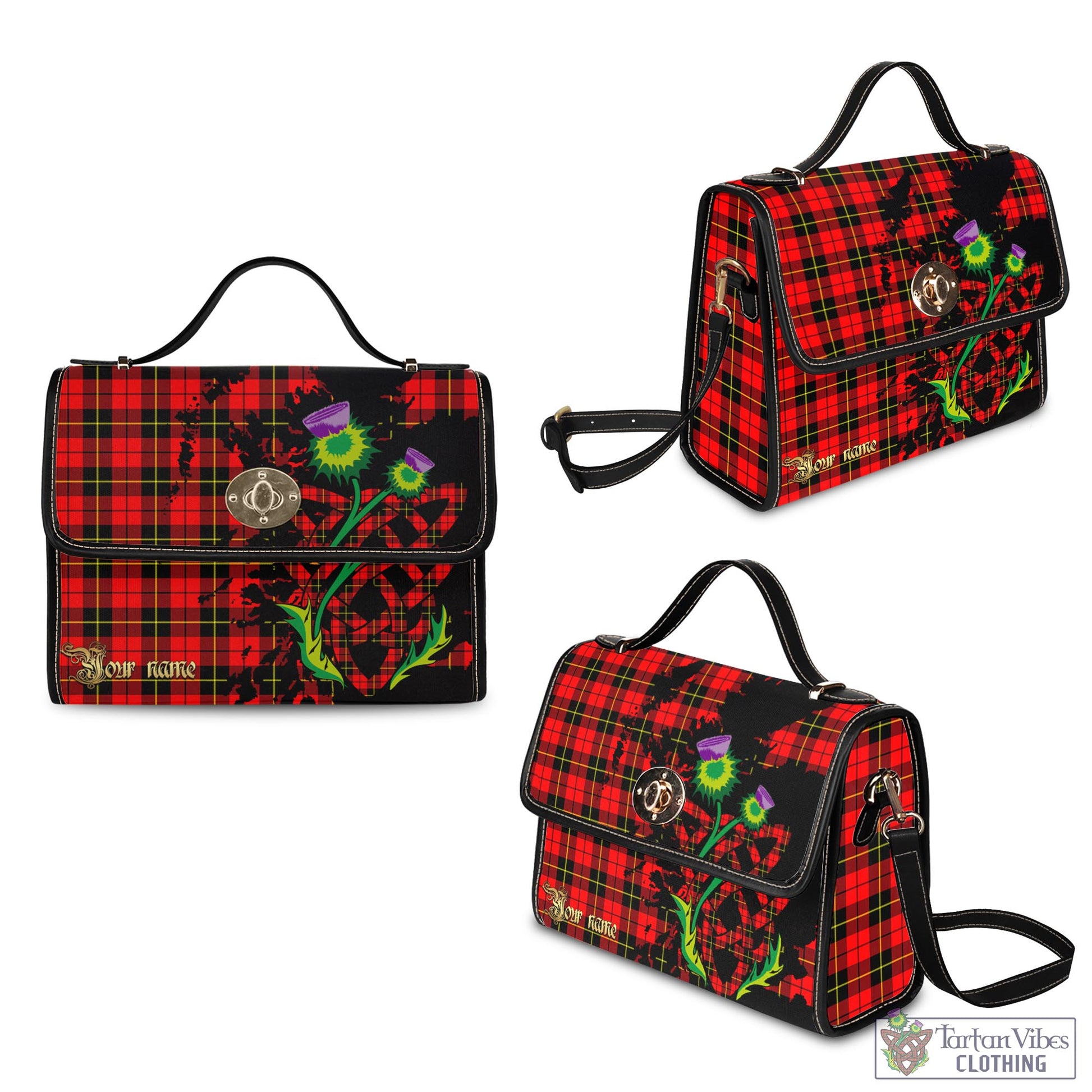 Tartan Vibes Clothing Wallace Hunting Red Tartan Waterproof Canvas Bag with Scotland Map and Thistle Celtic Accents