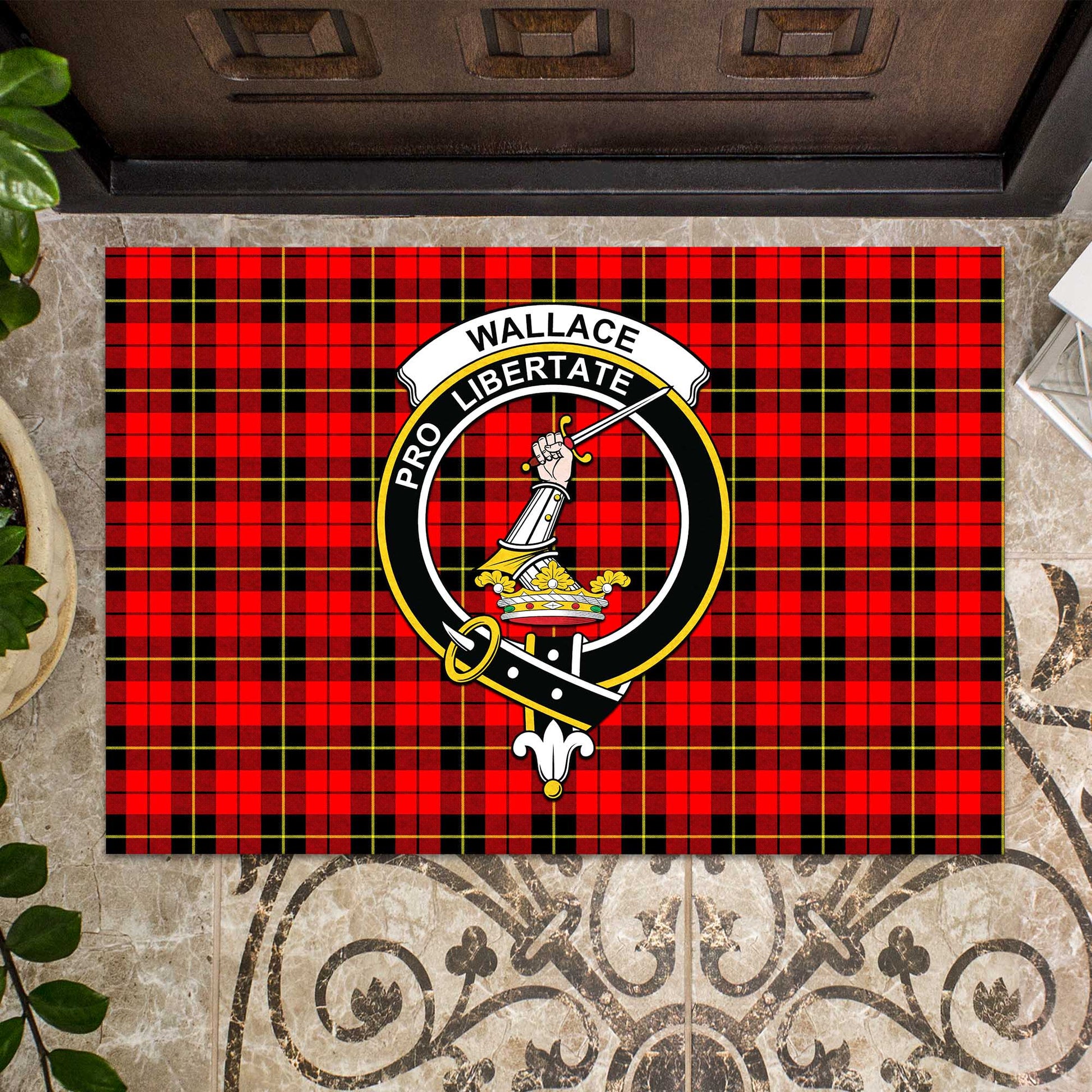 Wallace Hunting Red Tartan Door Mat with Family Crest - Tartanvibesclothing Shop