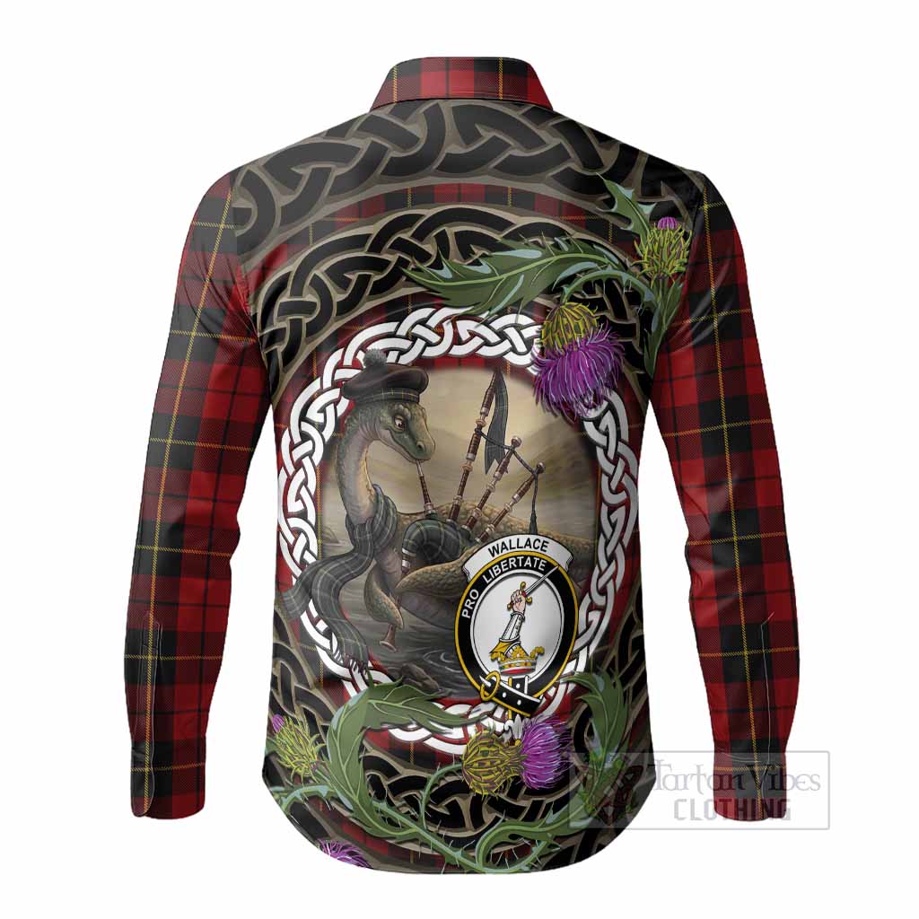 Wallace Tartan Crest Bagpipe Nessie Long Sleeve Button Shirts Scottish Loch Ness Monster Celtic Thistle