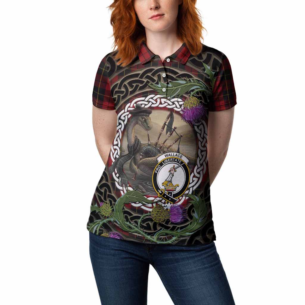 Wallace Tartan Crest Bagpipe Nessie Women Polo Shirt Scottish Loch Ness Monster Celtic Thistle