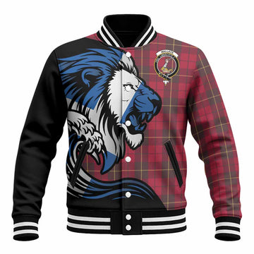 Wallace Tartan Crest Baseball Jacket Scottish Golden Lions Wave Flow