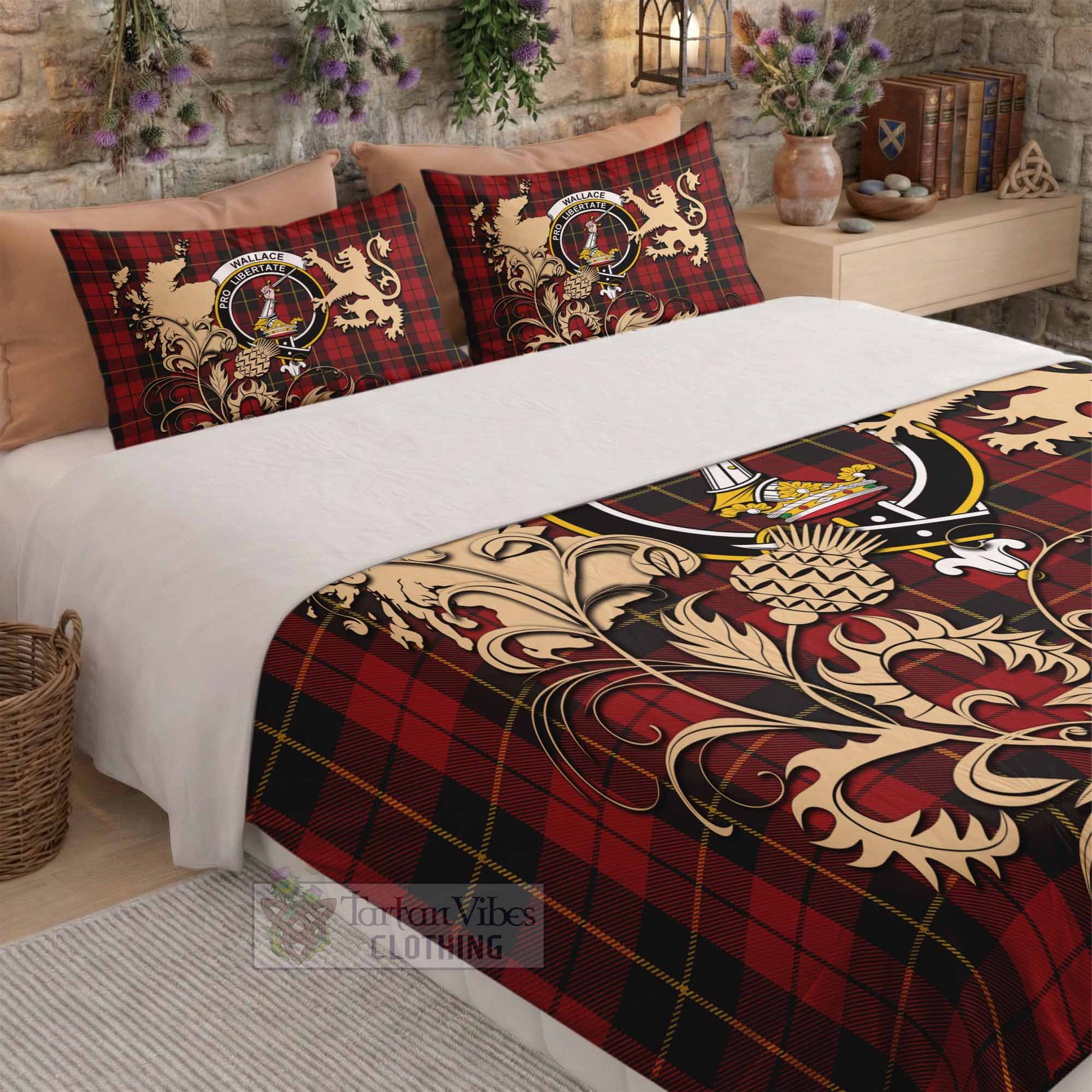 Wallace Tartan Crest Bedding Set with Scottish Iconic Symbols 