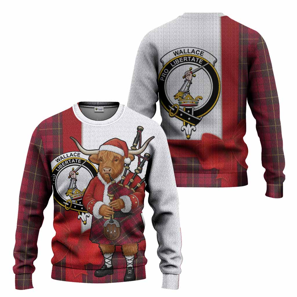 Wallace Tartan Crest Christmas Christmas Ugly Sweater Highland Cow Bagpipes Coquette Bow Style