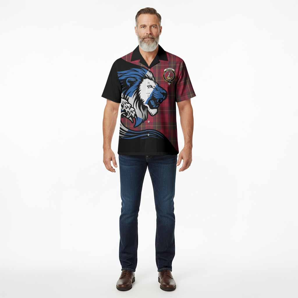 Wallace Tartan Crest Hawaiian Shirt Scottish Golden Lions Wave Flow