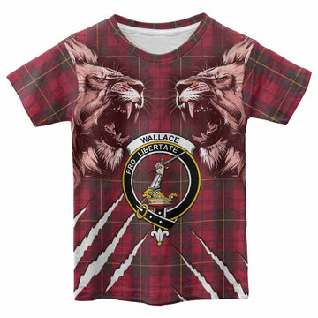 Wallace Tartan Crest Kid T-shirt Ferocious Lion Style