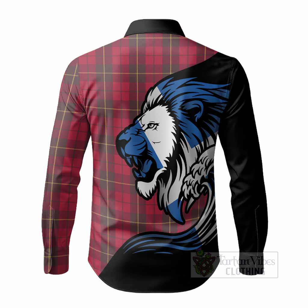 Wallace Tartan Crest Long Sleeve Button Shirts Scottish Golden Lions Wave Flow