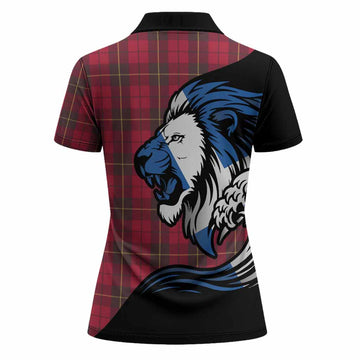 Wallace Tartan Crest Women Polo Shirt Scottish Golden Lions Wave Flow