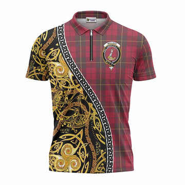 Wallace Tartan Crest Zipper Polo Shirt Celtic Knot and Triple Trickle Spiral Symbols