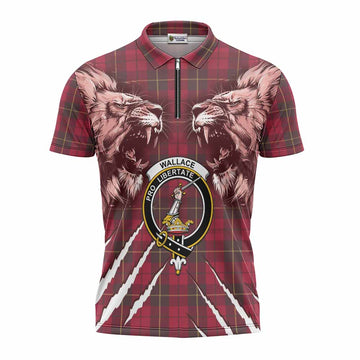 Wallace Tartan Crest Zipper Polo Shirt Ferocious Lion Style