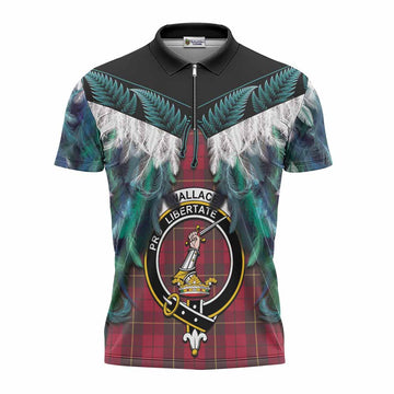 Wallace Tartan Crest Zipper Polo Shirt New Zealand Maori Korowai Cloak