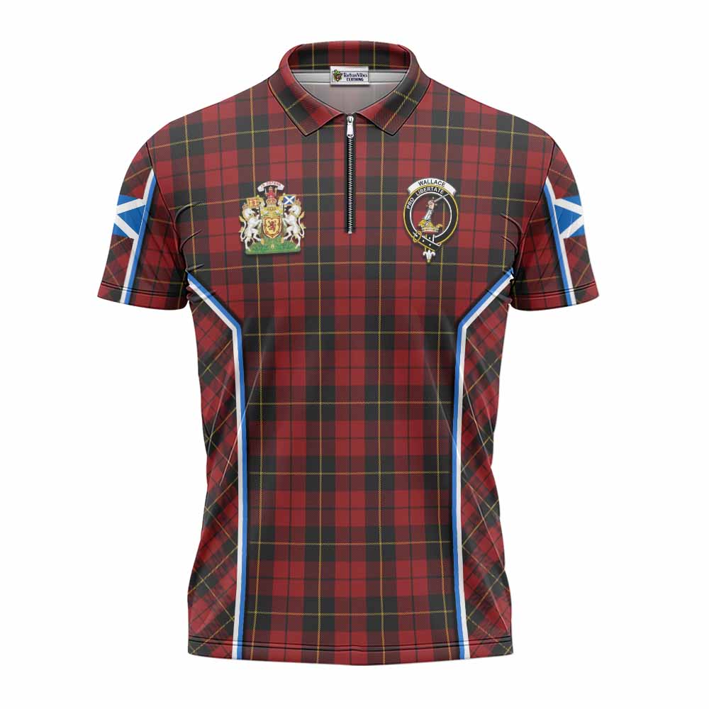Wallace Tartan Crest Zipper Polo Shirt Scotland Coat of Arm Flag Style - Tartan Vibes Clothing