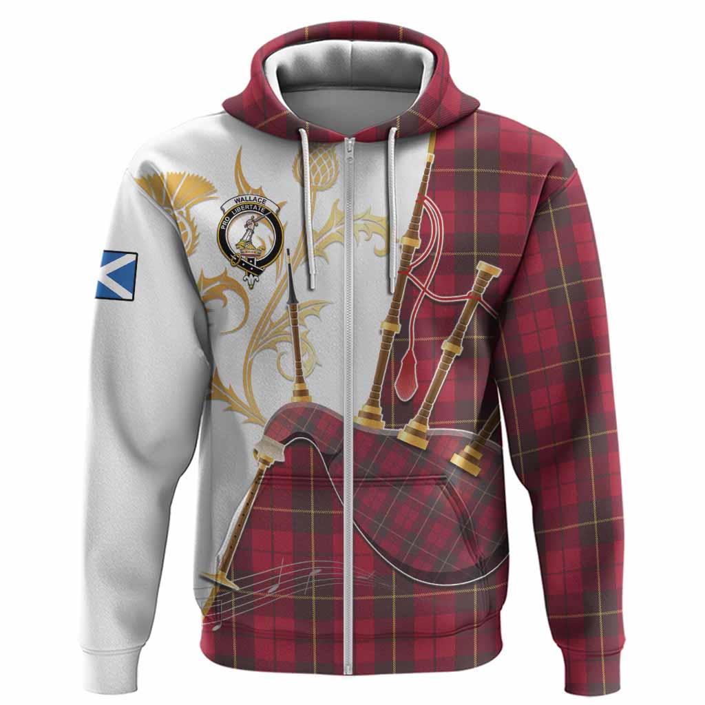 Wallace Tartan Family Crest Hoodie Bagpipes with Scottish Thistle