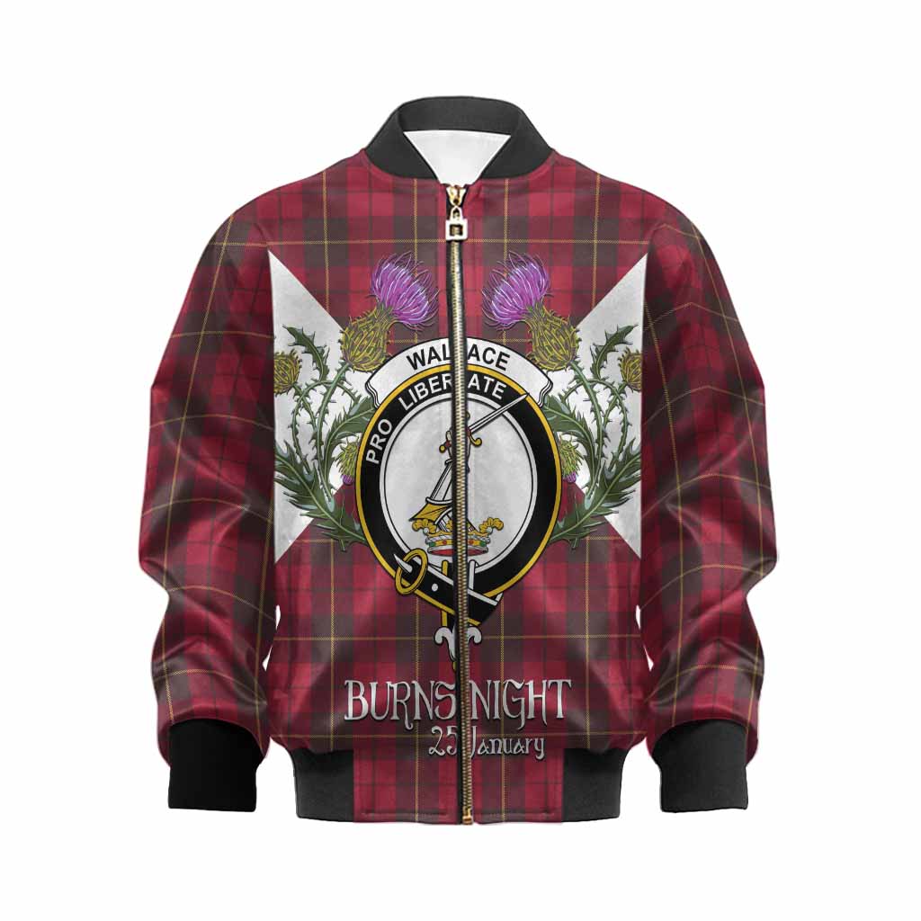 Wallace Tartan Family Crest Kid Bomber Jacket Scottish Burns Night Thistle Floral