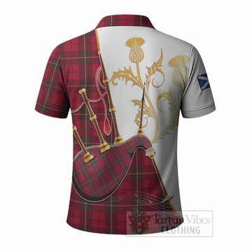Wallace Tartan Family Crest Polo Shirt Bagpipes with Scottish Thistle